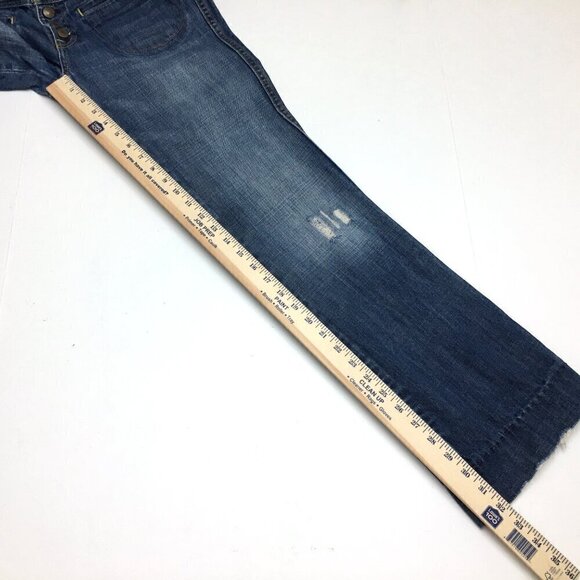 Old Navy Jeans Slim Boot Button Fly Ultra Low Rise Distressed size 8 length 32" - Picture 6 of 9
